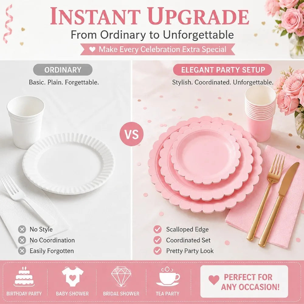 Pink Scalloped Disposable Tableware Set – Plates, Cups & Napkins Disposable Tableware Set Nixie