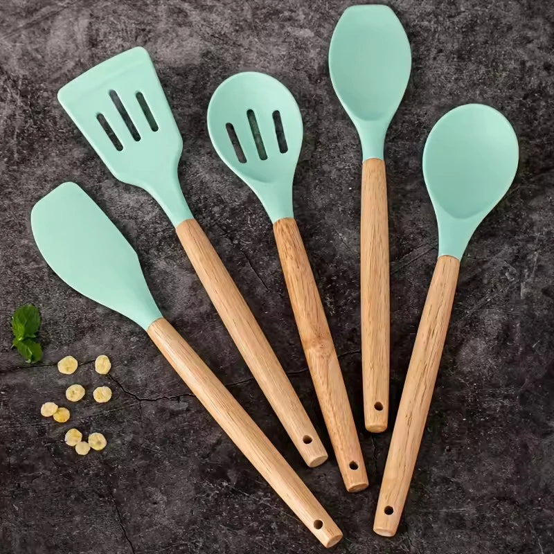 Silicone Cooking Utensil Set with Holder – 5 or 14 Pcs Silicone Utensil Set Nixie 5pcs Mint green