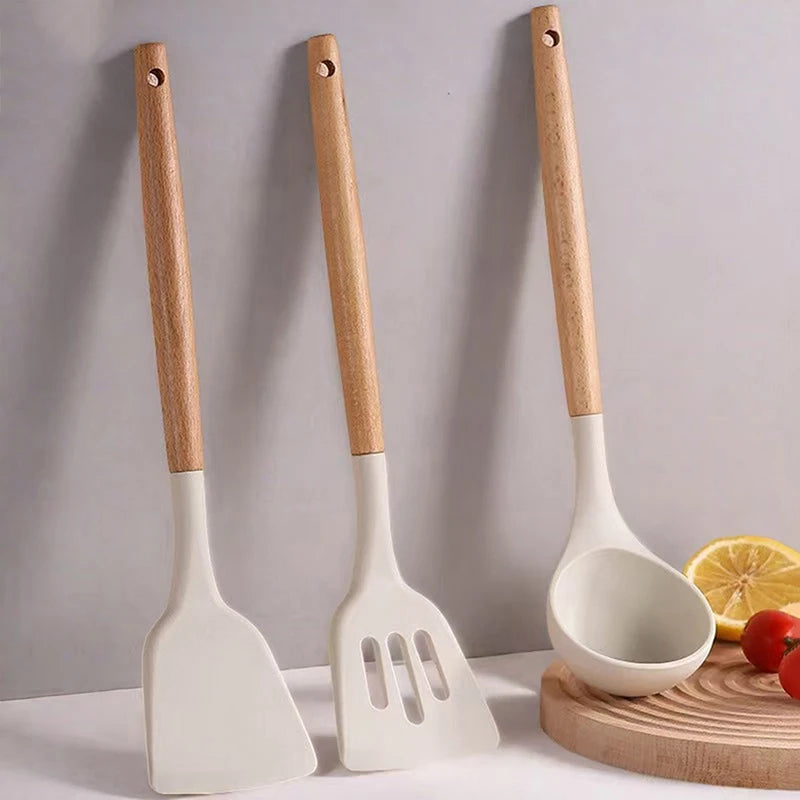 Wooden Handle Silicone Spatula Set – Frying Spatula & Ladle Kitchen Utensil Set Nixie