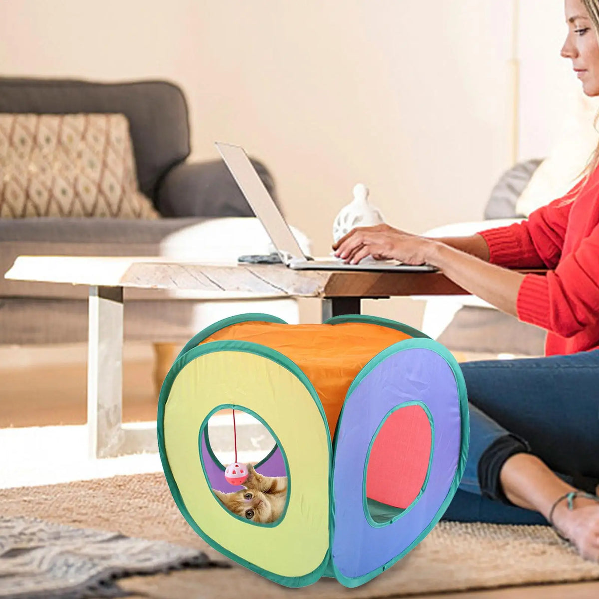 Foldable Square Cat Tunnel Toy with Bells – Rainbow Play Cube