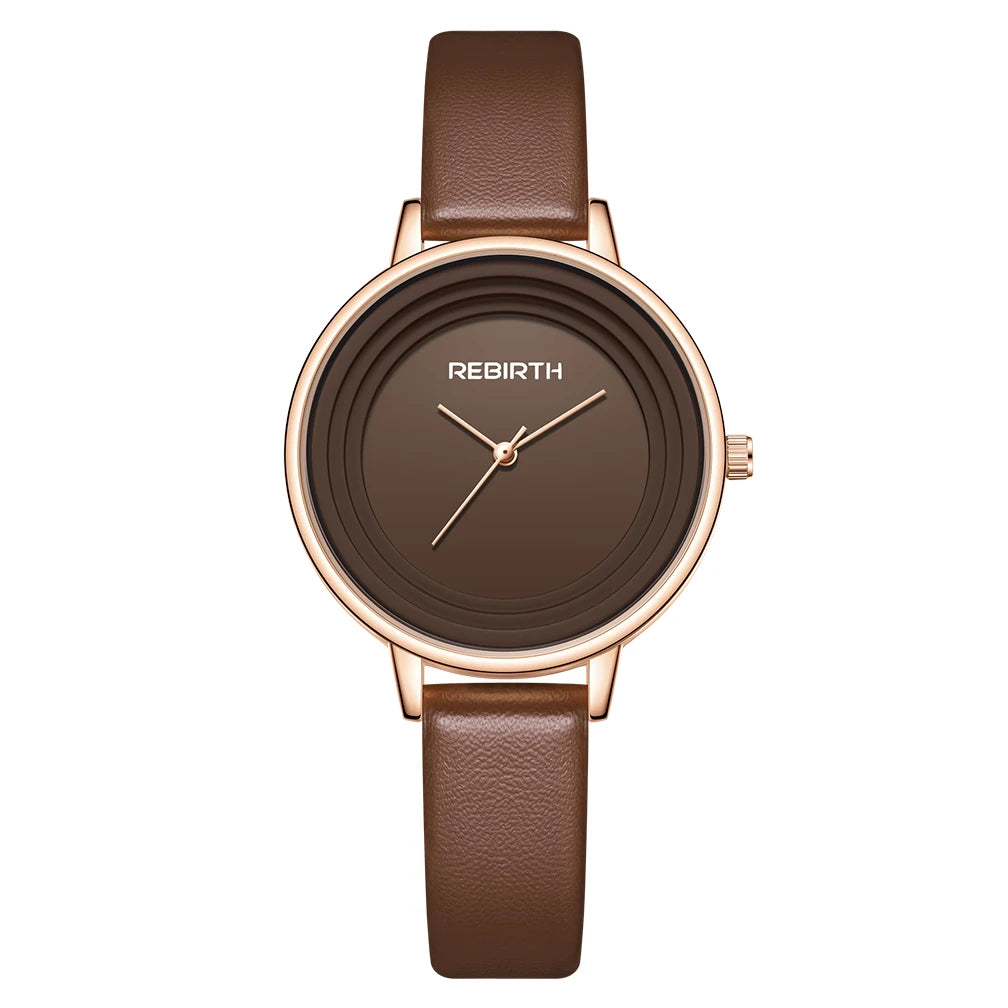 REBIRTH Casual Leather Strap Quartz Watch – Minimalist Leather Strap Watch Nixie Coffee