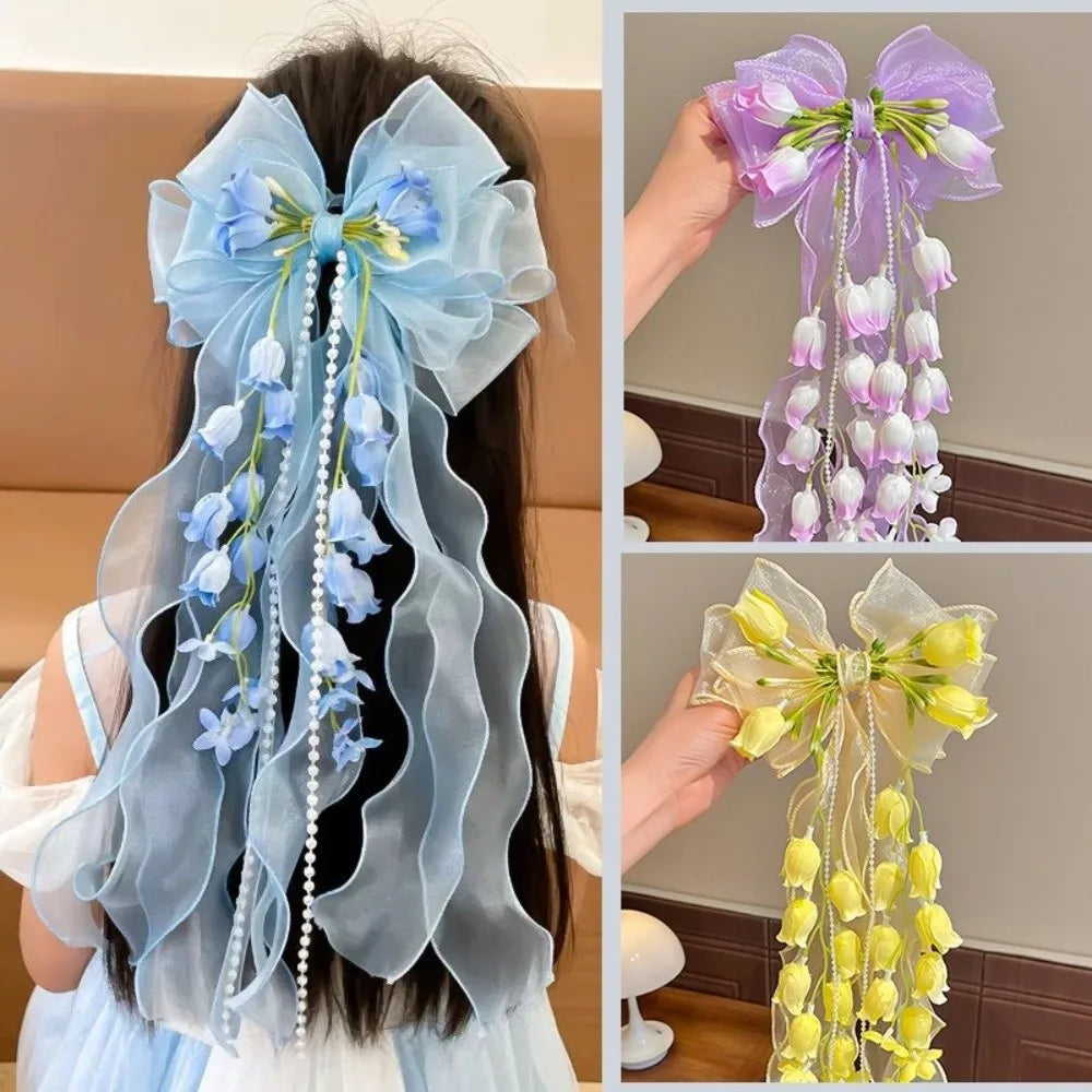 Large Bow Ribbon Hair Clip DIY Tassel Barrette for Girls