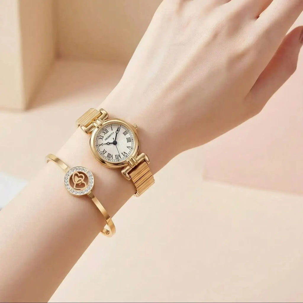 Retro Roman Numeral Gold Watch & Bracelet Set for Women Women's Watch Set Nixie