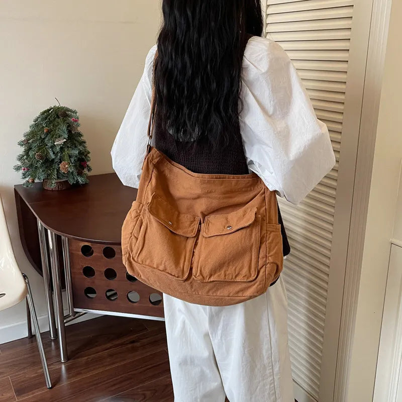 Japanese Vintage Canvas Tote Bag – Multi-Pocket Shoulder Bag Canvas Tote Bag Nixie
