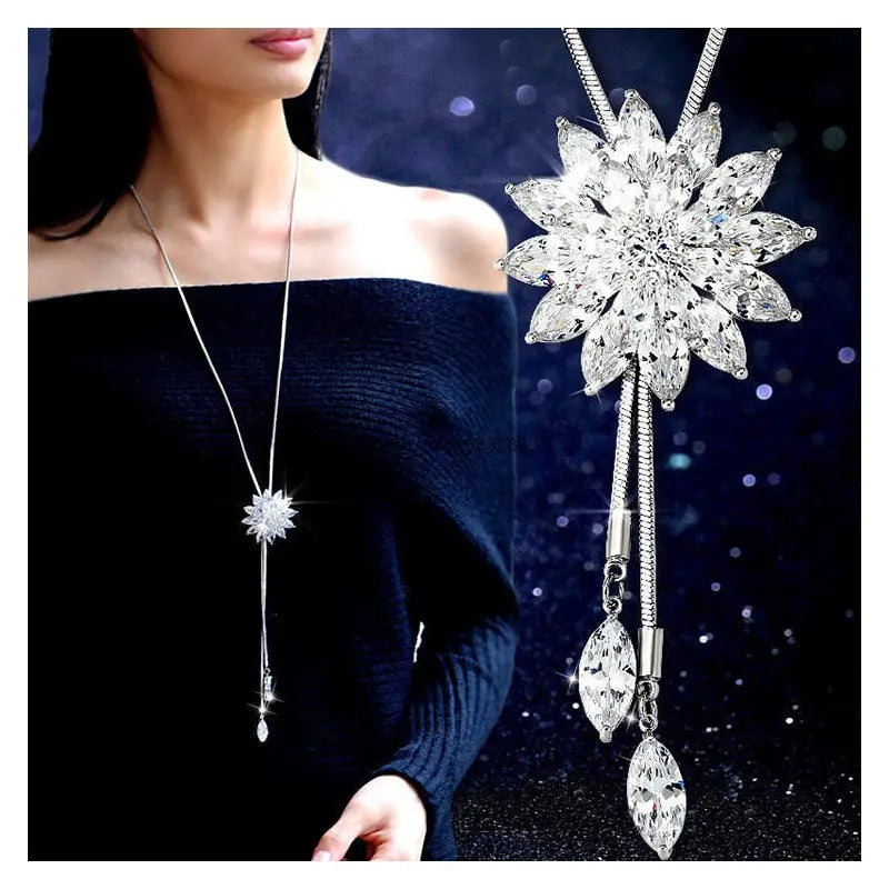 Luxury Tassel Crystal Flower Long Pendant Necklace for Women