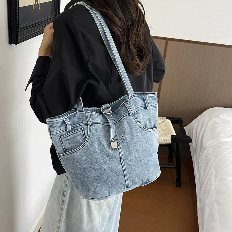 Nixie Women's Large Denim Bucket Shoulder Bag | K-Style