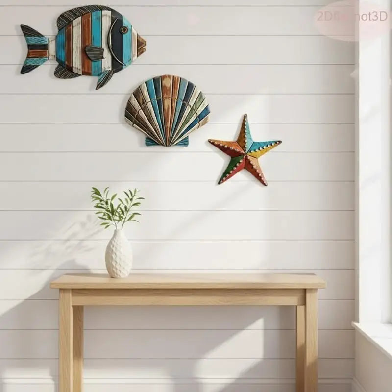 3-Piece Ocean Wooden Wall Art – Fish Shells Starfish Décor Set Wooden Wall Art Nixie