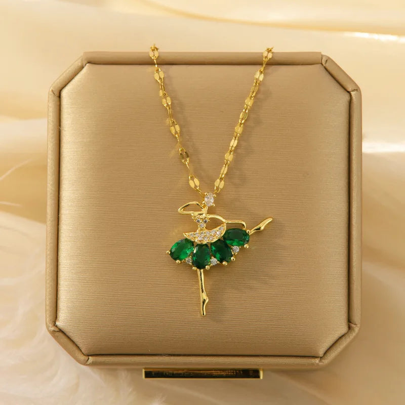 Zircon Ballet Girl Pendant Necklace | Gold Clavicle Chain