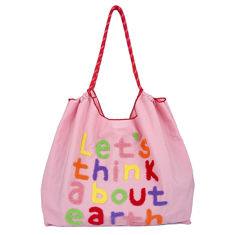 Korean Style Large Canvas Tote Bag – Letter Embroidered Canvas Tote Bag Nixie