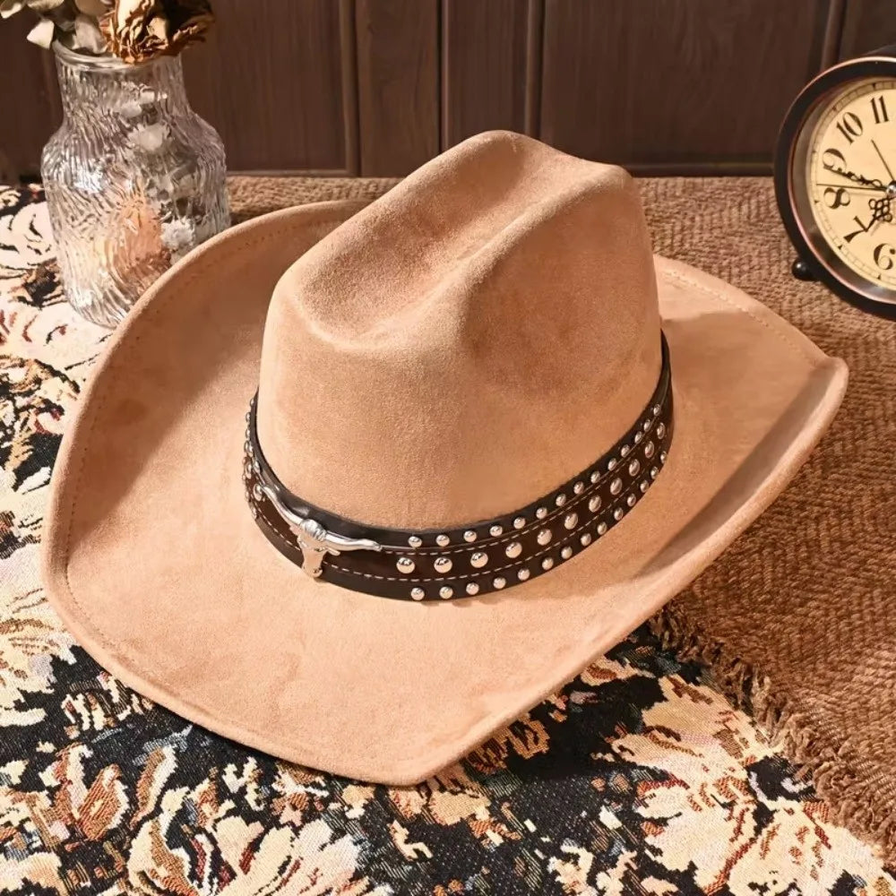 Felt Western Cowboy Hat Wide Brim Studded Ethnic Style Unisex