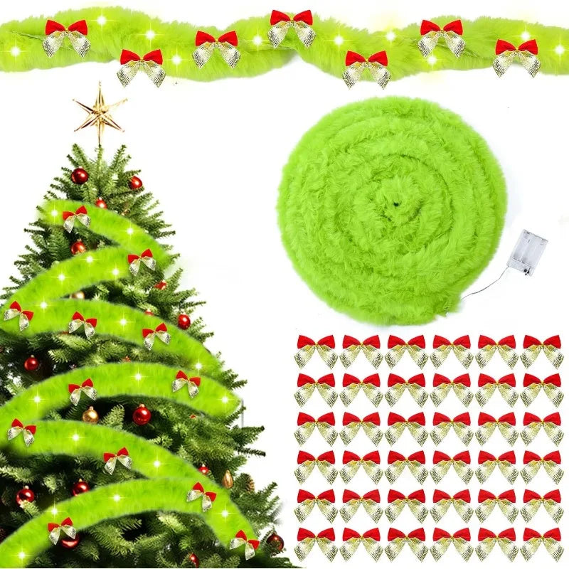 26Ft Lime Green Christmas Garland LED Lights & Faux Fur Trim Christmas Garland Nixie Light with 36Pc Bow