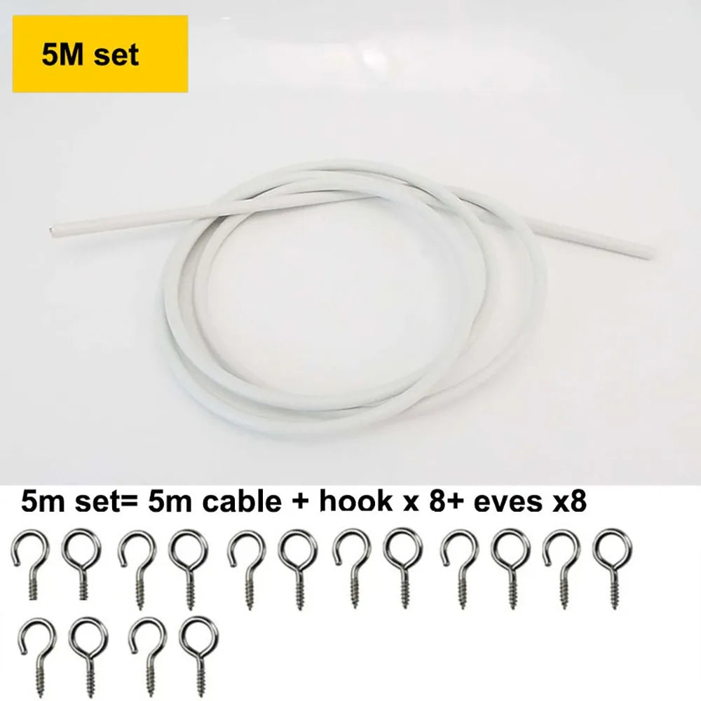 Curtain Spring Wire 2–5M PVC Steel Cable with Hooks & Eyes Curtain Wire Set Nixie 5M Set