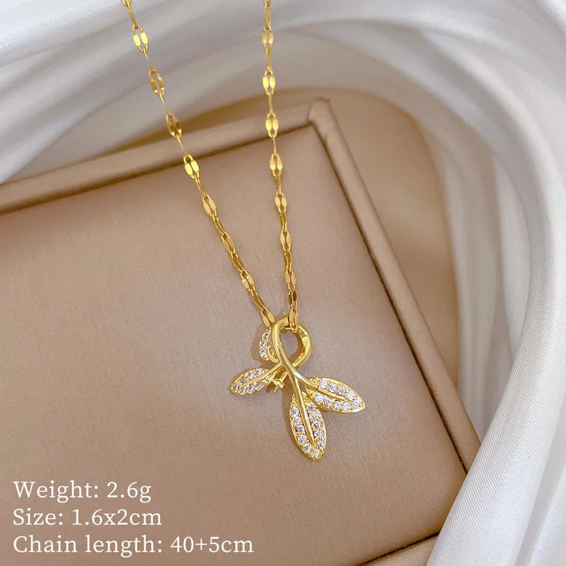 Diamond Leaf Pendant Necklace – Gold Stainless Steel Women Pendant Necklace Nixie XL2606-898