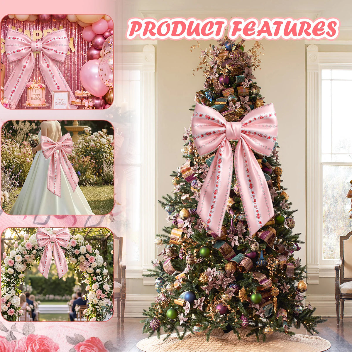 Large Pink Floral Bow Decoration – Party & Christmas Tree Topper