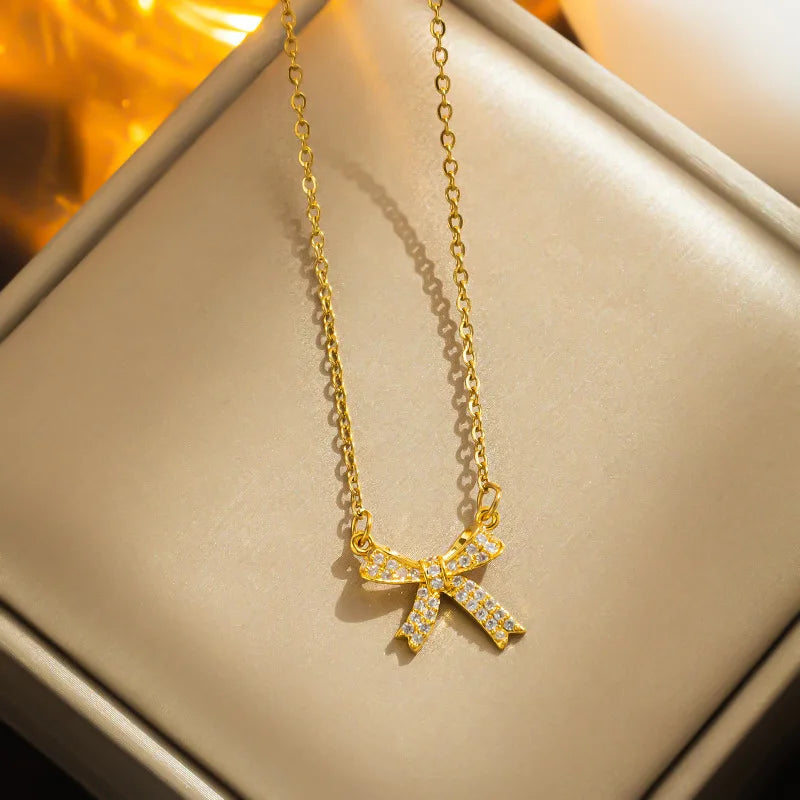 Butterfly Knot Pendant Necklace | Gold Zircon Clavicle Chain Pendant Necklace Nixie XL2167-19 40cm