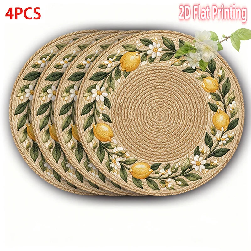 4-Piece Round Placemats Lemon Flower Rattan 15-Inch Polyester Decorative Placemats Nixie 4Pcs