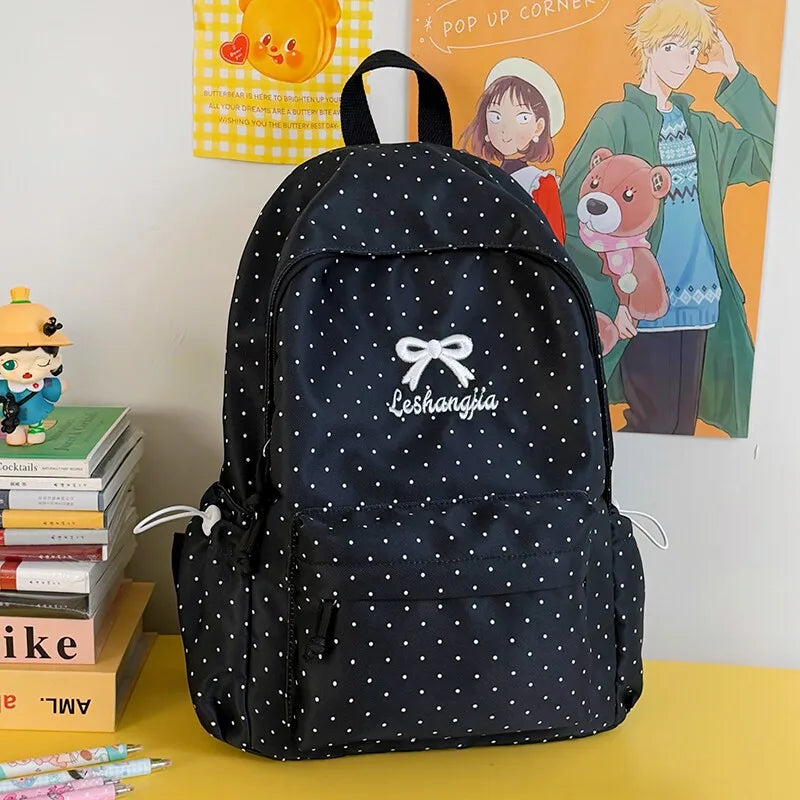 Korean Polka Dot Backpack – Lightweight Large-Capacity School Bag