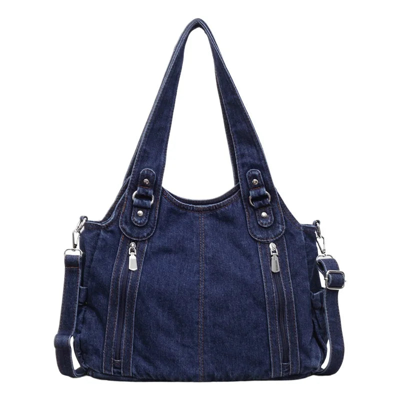 Nixie Vintage Denim Tote Bag – Large Shoulder Crossbody for Women Denim Tote Bag Nixie Dark Blue