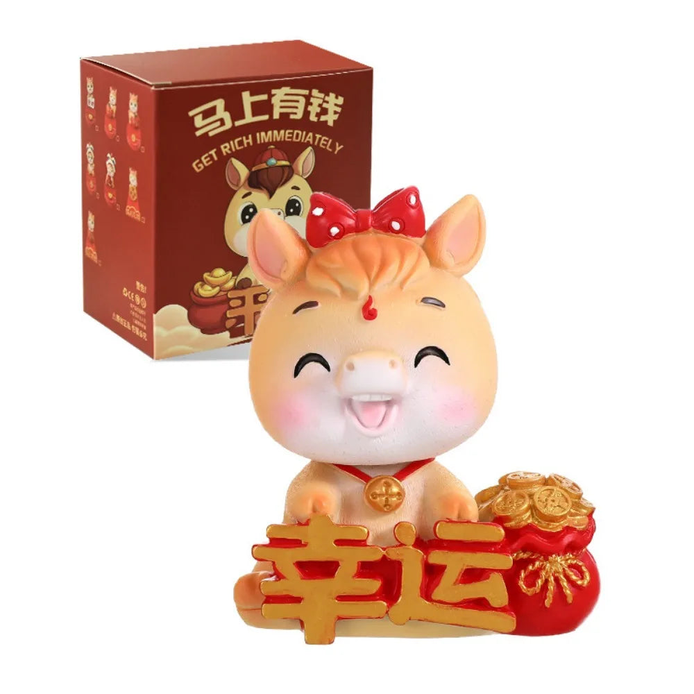 Cartoon Horse Chinese New Year Resin Figurine Gold Red Lucky Charm