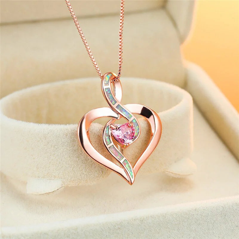 Rose Gold Heart Pendant Necklace – Pink Crystal & Opal Pendant Necklace Nixie