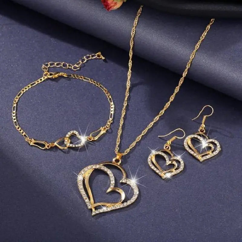 4pcs Gold Necklace Earrings Bracelet Set – Vintage Peach Heart Jewelry Set Nixie StyleA