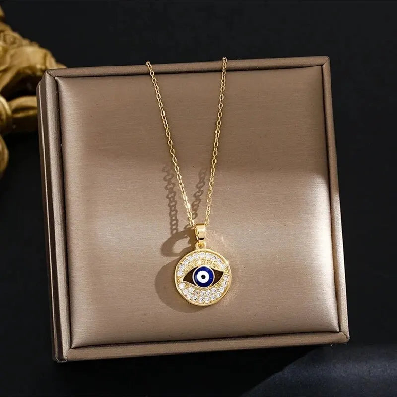 Evil Eye Gold Plated Copper Pendant Stainless Steel Necklace