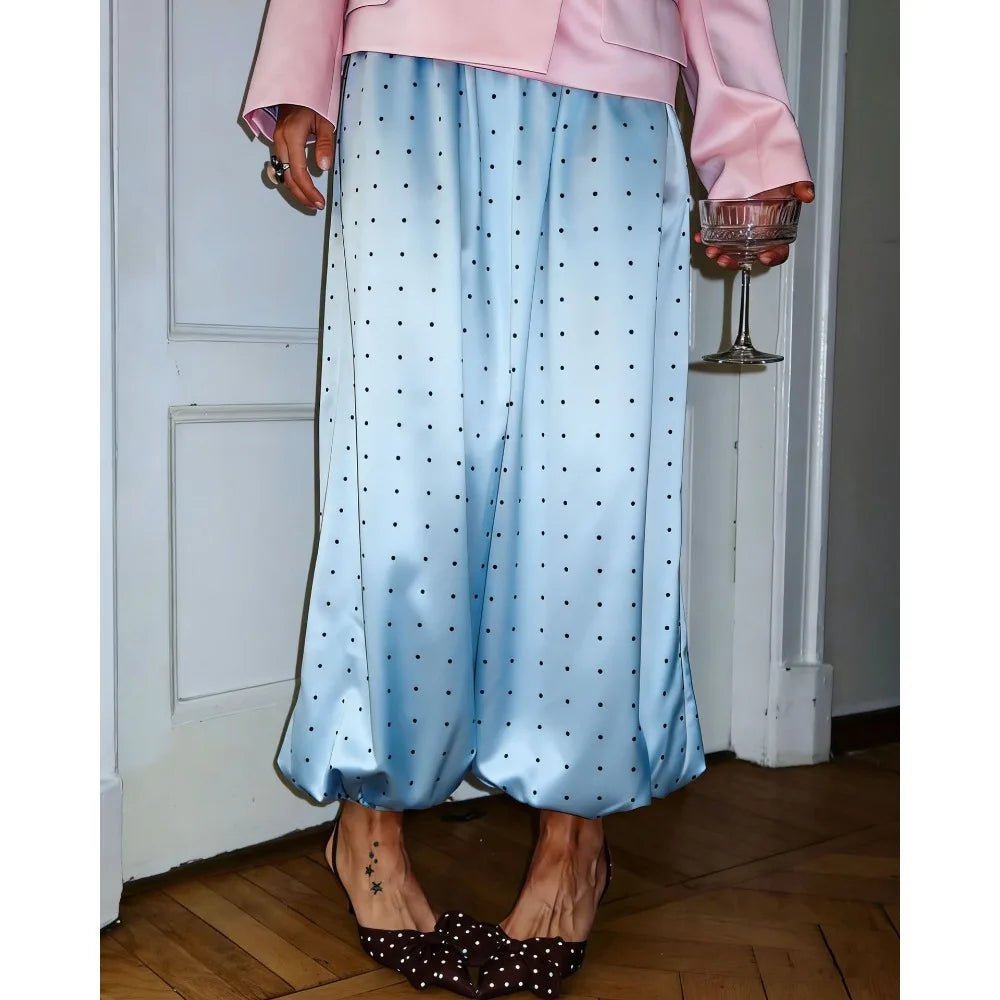 Women's Satin Polka Dot Wide Leg Pants – Elastic Waist