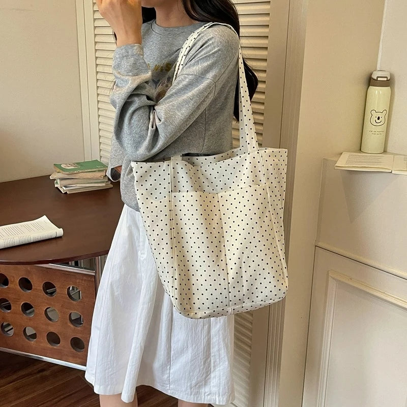 Korean Polka Dot Canvas Tote Bag – Chic Multi-Way Shoulder Bag Canvas Shoulder Tote Nixie