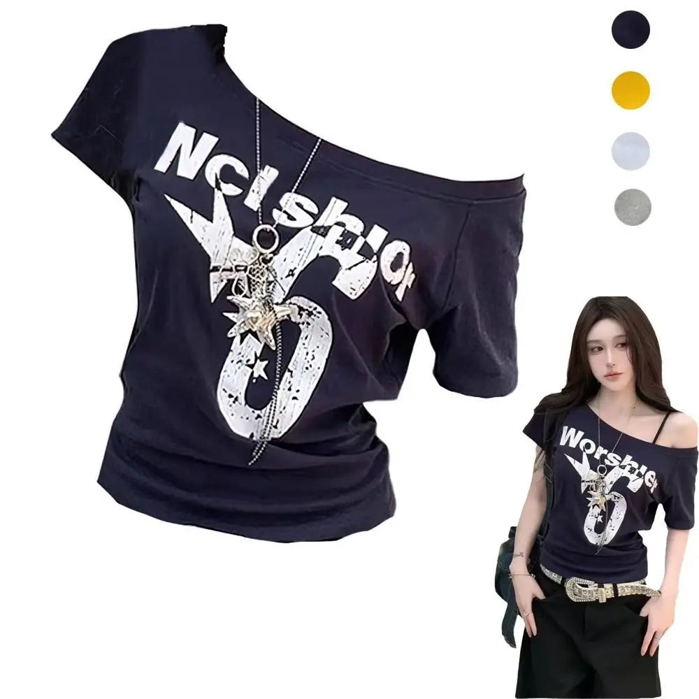 Y2K Off Shoulder Crop Top | Letter Print Skew Collar Tee Off Shoulder Crop Top Nixie