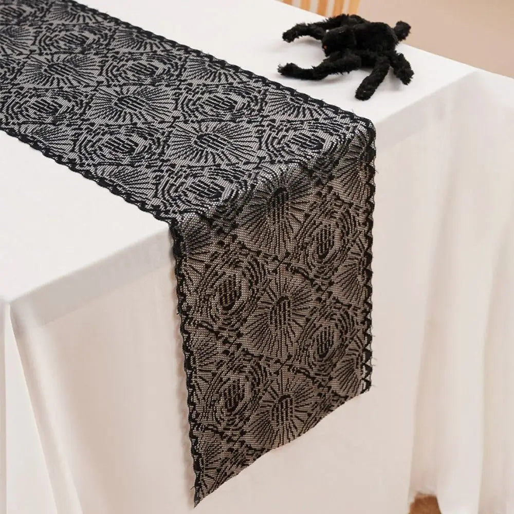 Black Halloween Lace Table Runner – Gothic Spider Web Cobweb