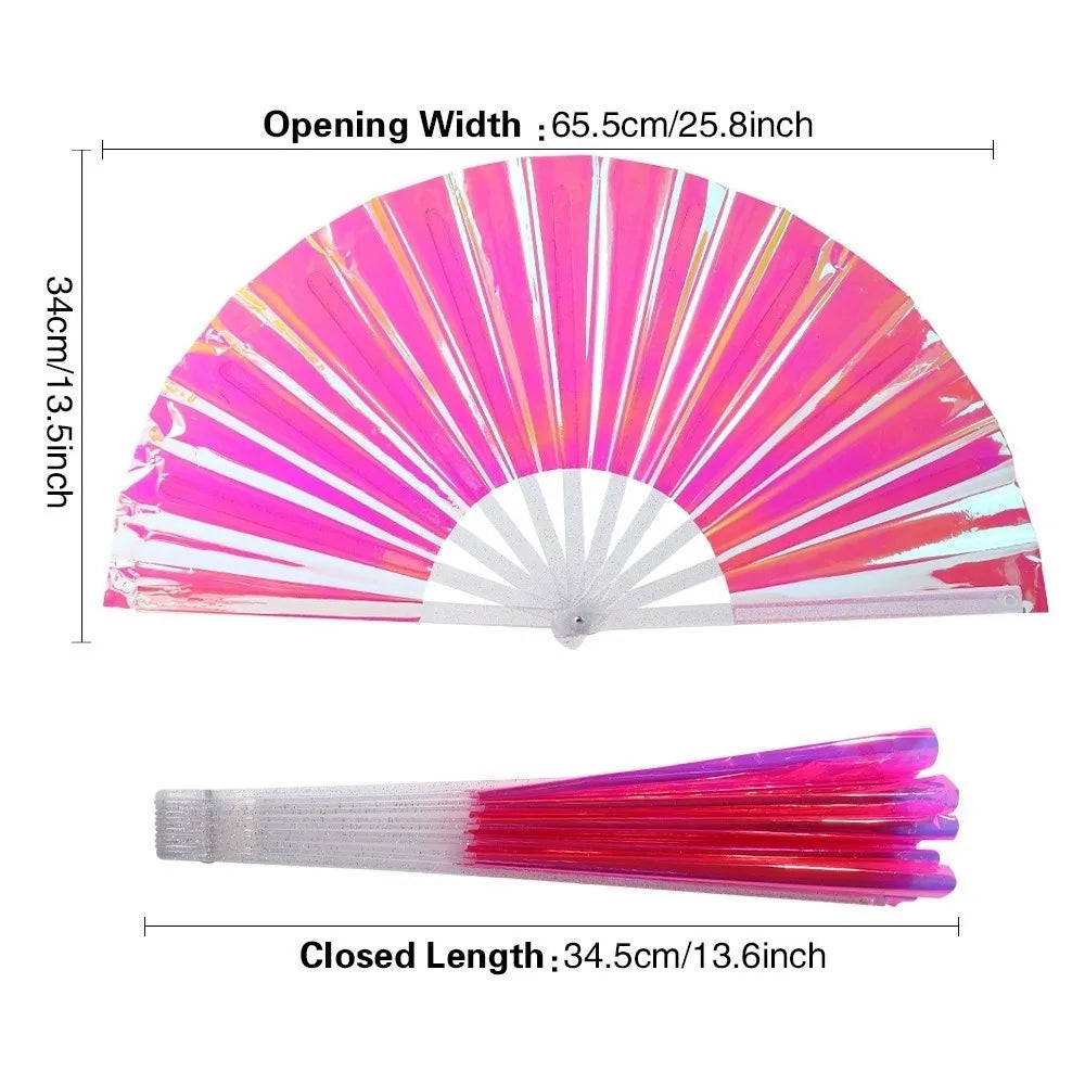 Holographic Folding Fan Large Iridescent Handheld Fan Stage Prop Holographic Folding Fan Nixie Glitter Pink