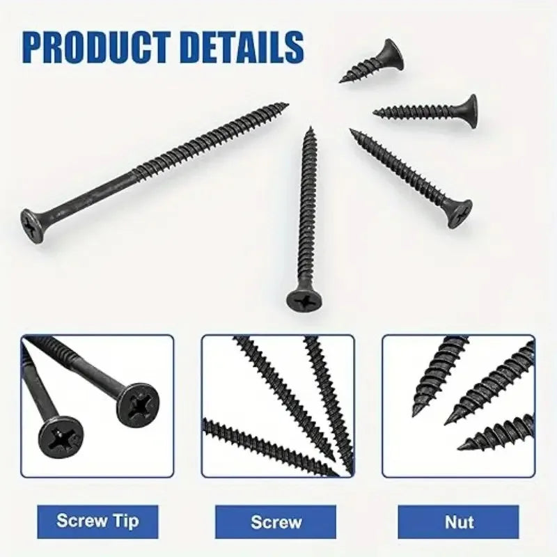 400/800pcs Phillips Self-Tapping Screws M1–M6 Carbon Steel Black Self-Tapping Screws Nixie