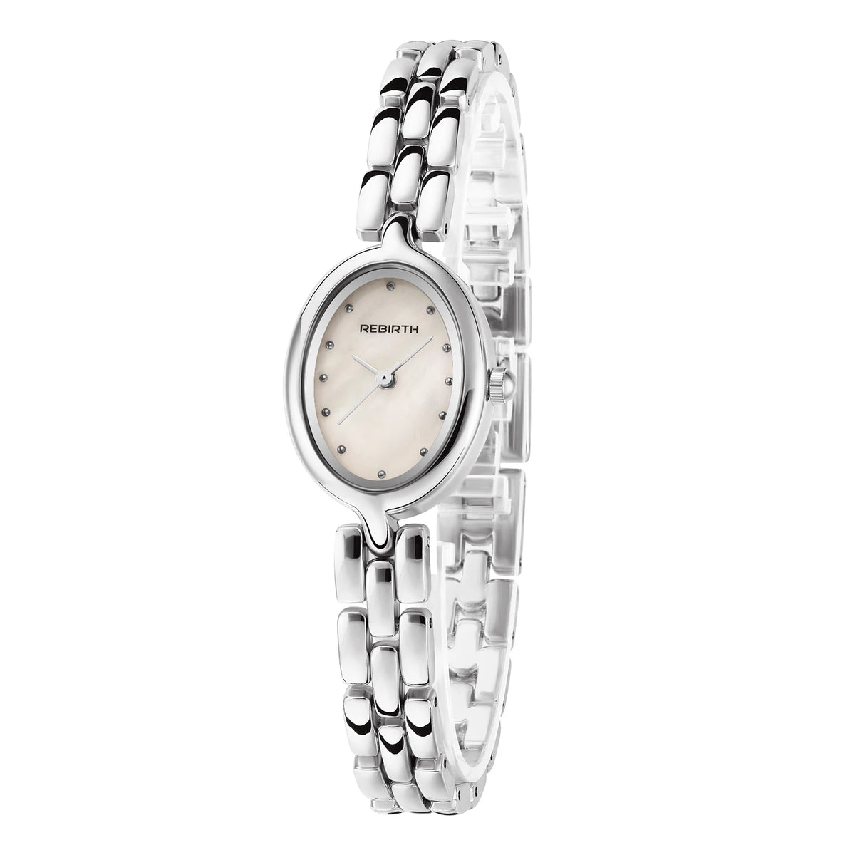 REBIRTH Women's Oval Mother-of-Pearl Quartz Watch | Steel Strap Women's Quartz Watch Nixie Silver