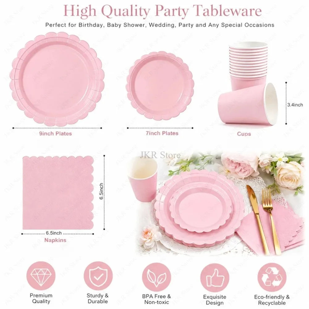 Pink Scalloped Disposable Tableware Set – Plates, Cups & Napkins Disposable Tableware Set Nixie