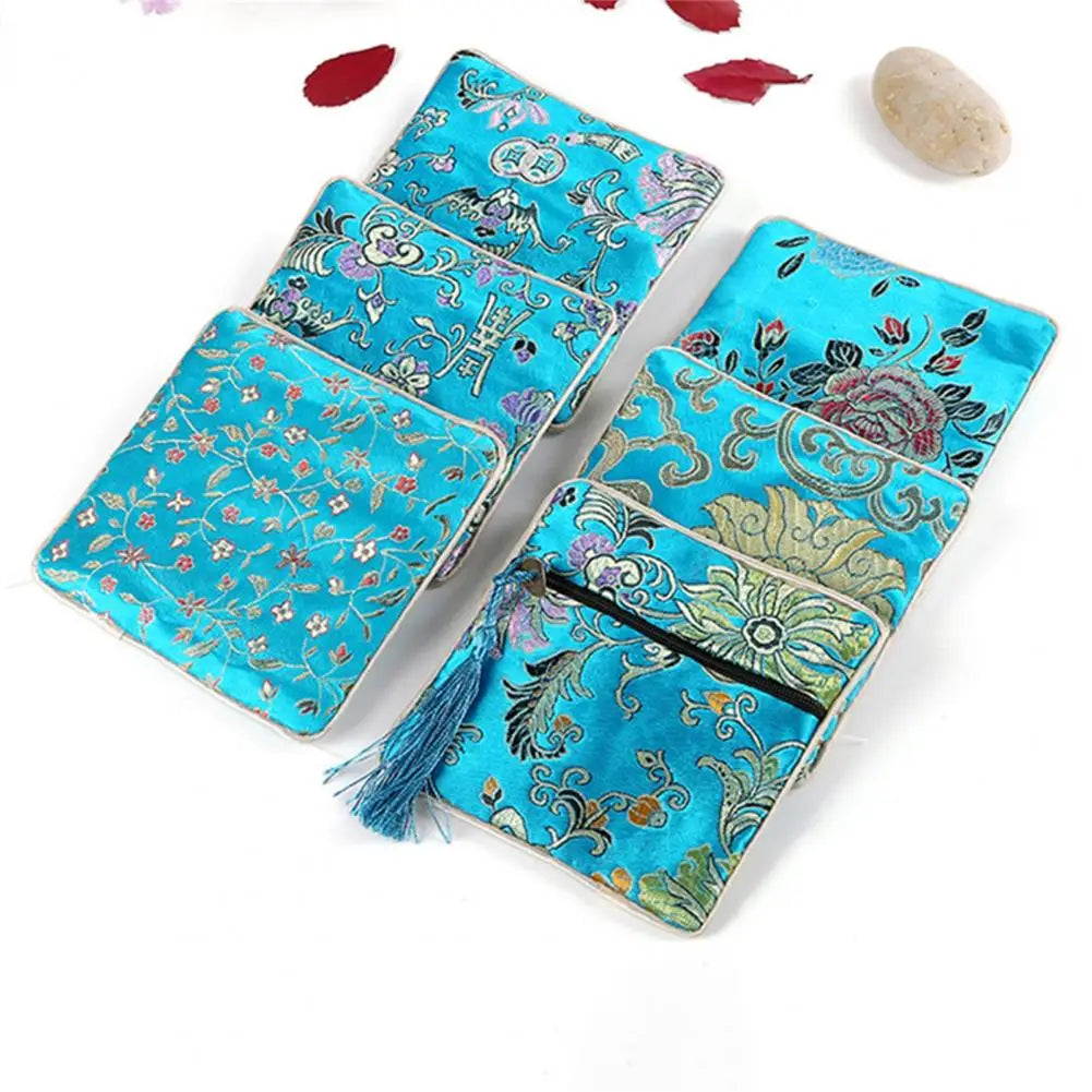 Chinese Brocade Embroidered Tassel Coin & Jewelry Pouch Brocade Zipper Pouch Nixie