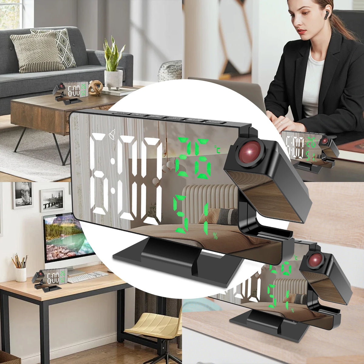 180° Projection Digital Alarm Clock – LED Display & Mirror Projection Alarm Clock Nixie