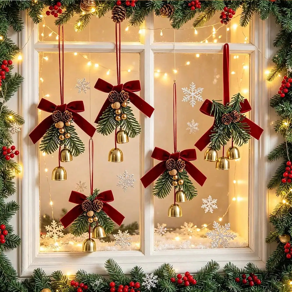 Christmas Jingle Bell Door Hanger – Velvet Bow & Pine Cone Ornament Christmas Door Ornament Nixie