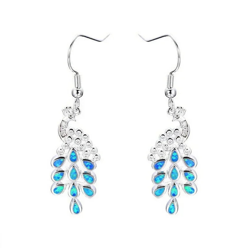 Peacock Silver Simulated Opal Women Long Drop Earrings