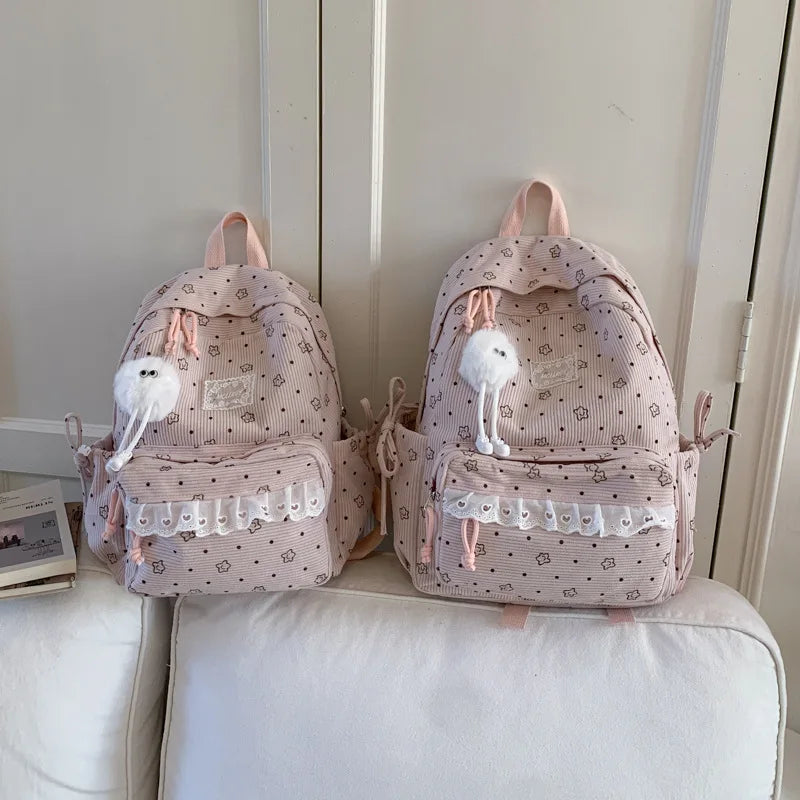 Corduroy Heart Backpack – Korean Style Lightweight School Bag Girls Girls School Backpack Nixie