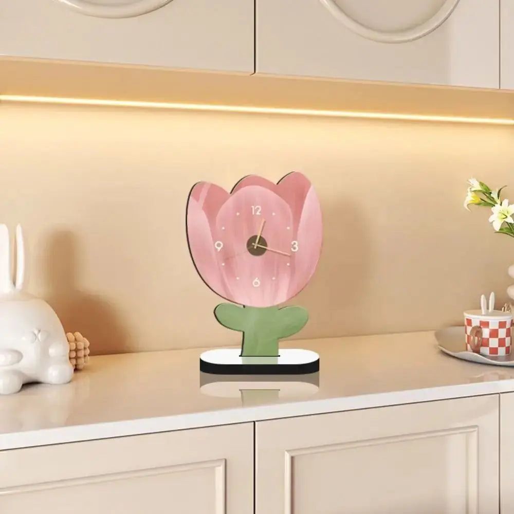 Cute Tulip Floral Digital Desk Clock – Silent Tabletop Clock