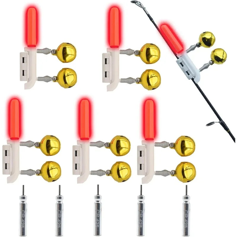 5Pcs LED Fishing Rod Tip Lights with Bells & CR425 Battery Fishing Rod Tip Light Nixie Red 5Pcs with CR425 Batt
