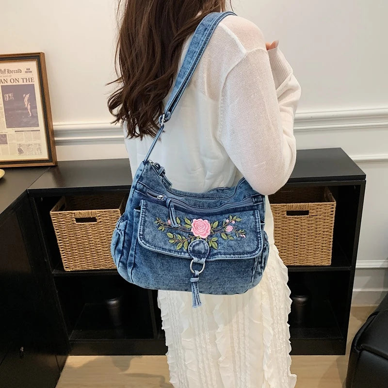 Embroidered Denim Crossbody Bag | Multi-Layer Shoulder Bag Crossbody Shoulder Bag Nixie