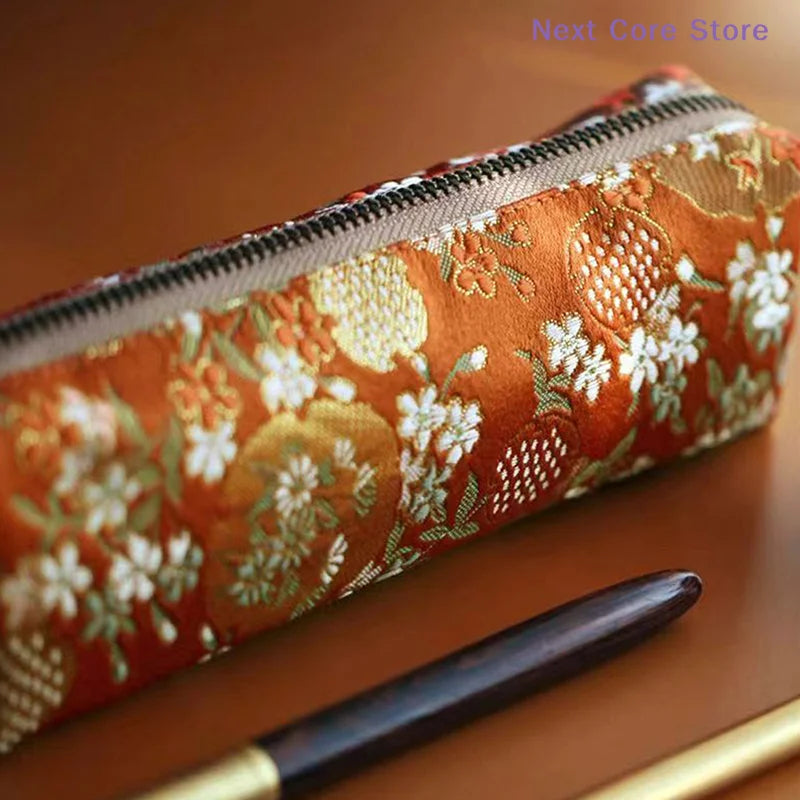 Vintage Embroidery Pencil Case Large Capacity Cotton Linen Pouch Embroidery Pencil Case Nixie