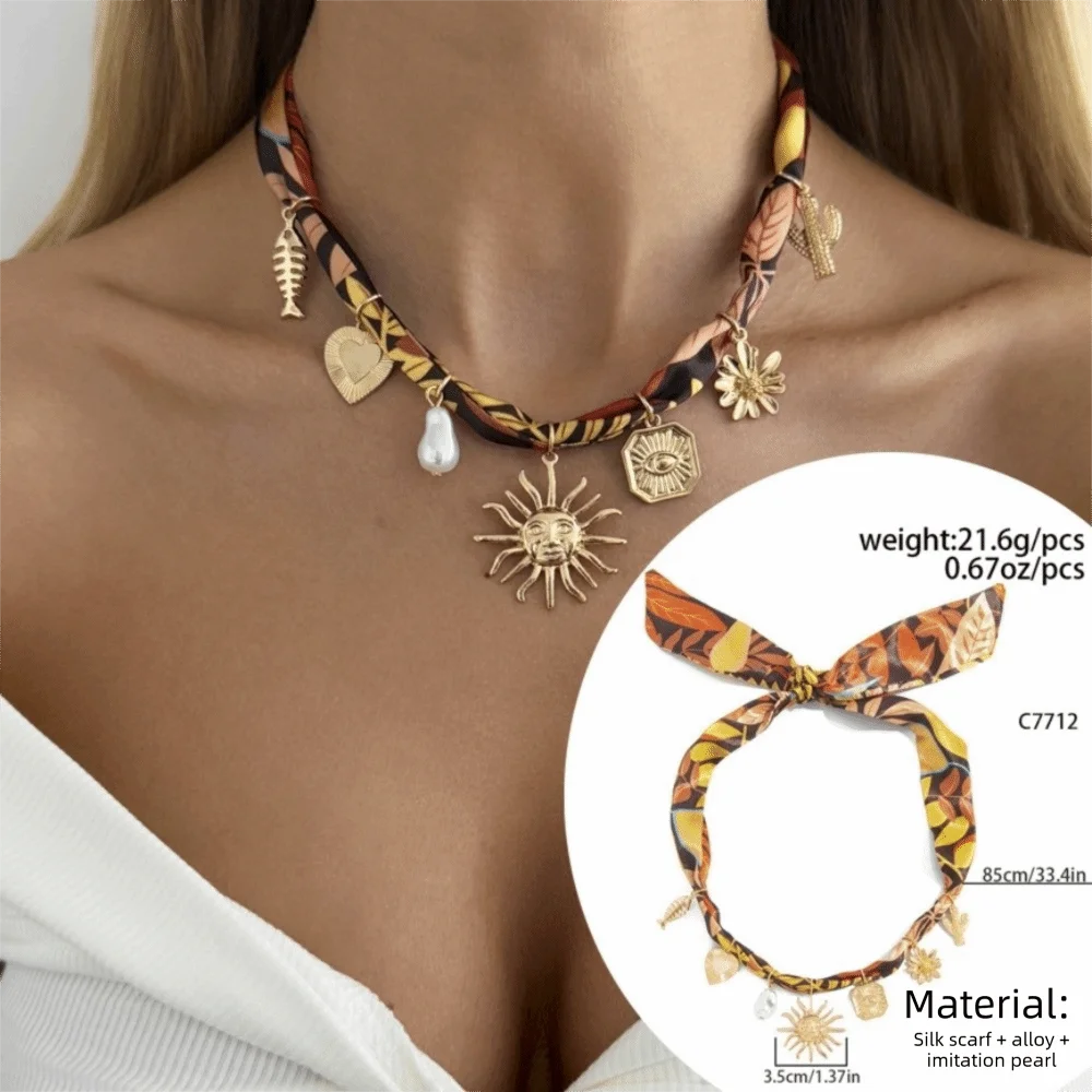 Bohemian Scarf Necklace – Flower, Starfish & Shell Pendant Scarf Pendant Necklace Nixie 7