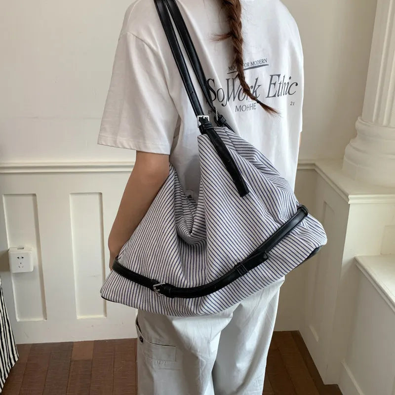 Korean Striped Canvas Tote Bag – Large Women's Shoulder Bag Canvas Shoulder Tote Nixie