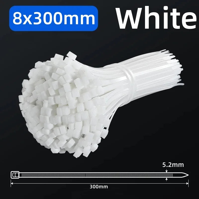 100PCS Black Nylon Cable Ties Self-Locking Zip Straps 8mm Nylon Cable Ties Nixie white 100pcs 8X300MM