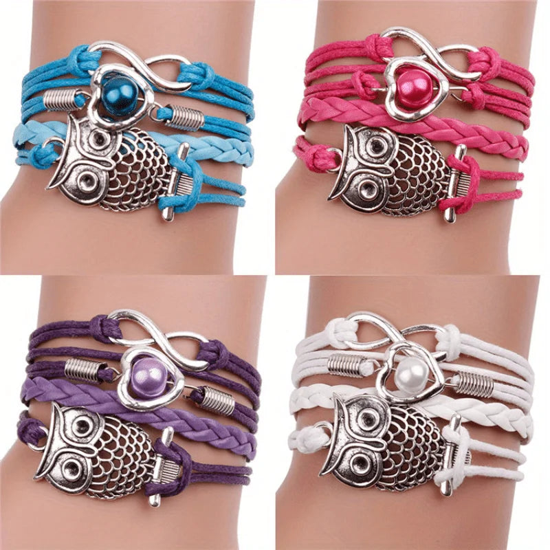 Owl Braided Multilayer Charm Leather Bracelet – Vintage Punk