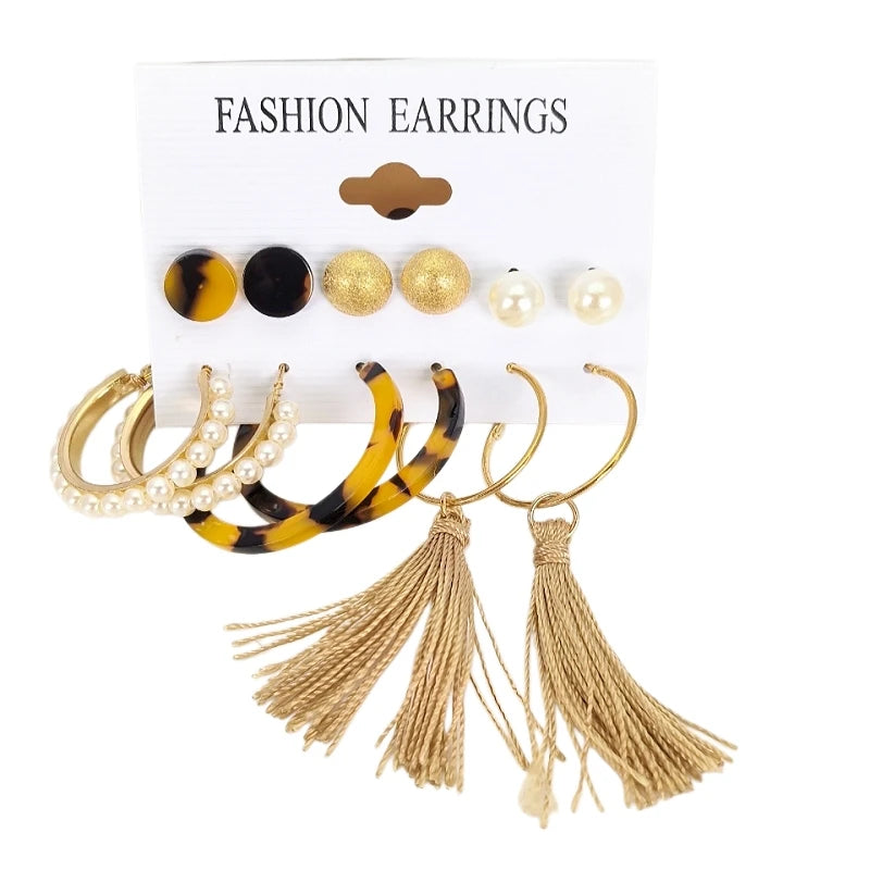 Pearl Tassel Drop Earrings Set – Trendy Imitation Pearl Hoops
