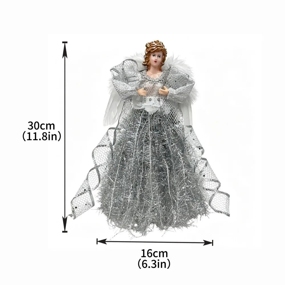 30cm Angel Christmas Tree Topper with Wings | White Gold Silver