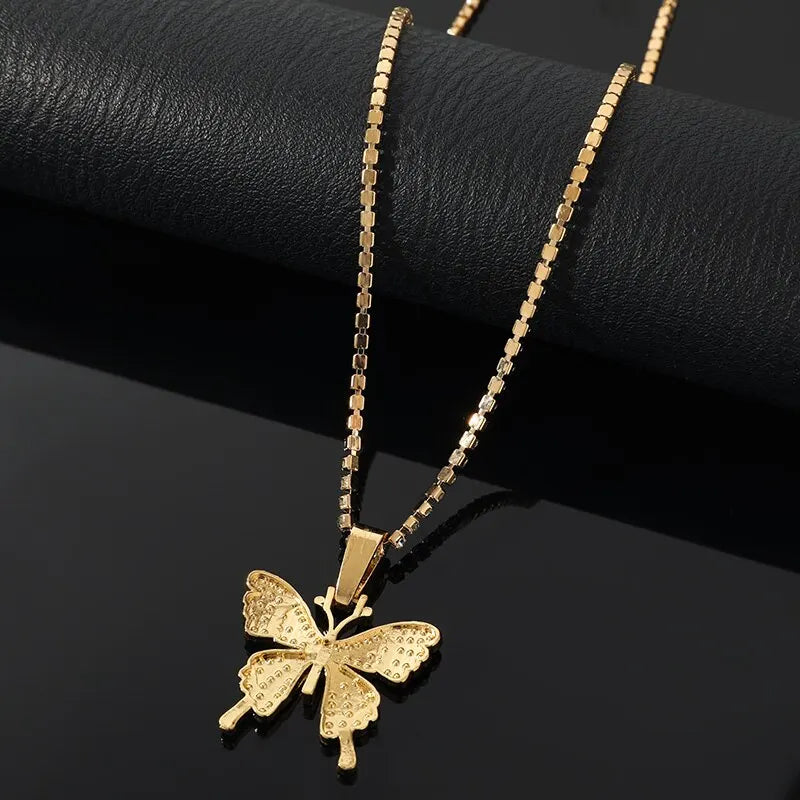2PCS Butterfly Pendant Necklace – Gold & Silver Rhinestone Set